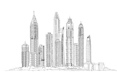 Dubai 'de. Dubai limanının gökdelenleri. Çizim koleksiyonu illüstrasyonu