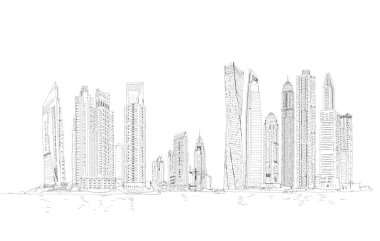 Dubai 'de. Dubai limanının gökdelenleri. Çizim koleksiyonu illüstrasyonu