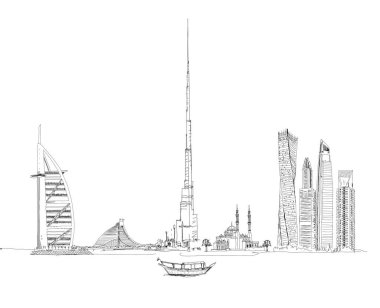 Dubai siluetinin resmi: Al Arab Oteli, Burj Halife ve Jumeirah sahil otel binaları.