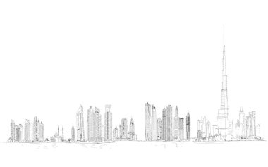Dubai siluetinin resmi: Al Arab Oteli, Burj Halife ve Jumeirah sahil otel binaları.