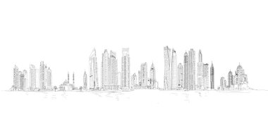 Dubai 'de. Dubai limanının gökdelenleri. Çizim koleksiyonu illüstrasyonu
