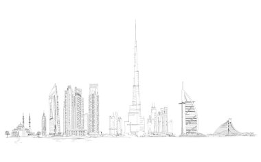 Dubai siluetinin resmi: Al Arab Oteli, Burj Halife ve Jumeirah sahil otel binaları.