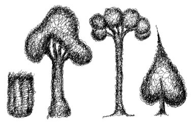 Dekoratif ağaçlar hazır. El çizimi mürekkep çizimi, detaylı çizim 