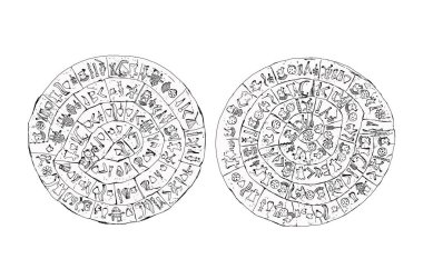 Yunanistan, Girit. Phaistos antik disk çizimi. Detaylı sembollerle. Çizim