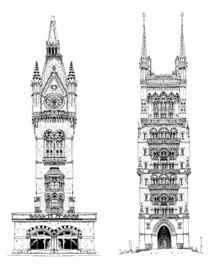 Mimari detay. Londra 'daki St. Pancras tren istasyonunun güzel binası. Eskiz koleksiyonu. El çizimi, çizim çizimi 
