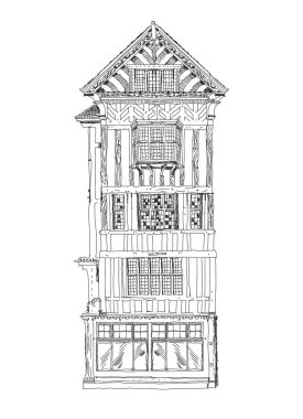 Evin detaylı çizimi, eski İngiliz mimari tarzına dayanıyor. Çizim koleksiyonu, el çizimi, çizim çizimi. 