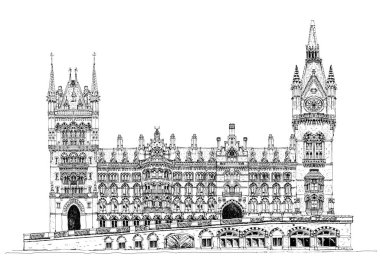 Londra 'daki St. Pancras tren istasyonunun güzel binası. Eskiz koleksiyonu. El çizimi, çizim çizimi 