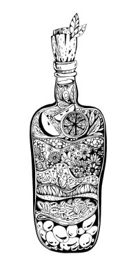 Meyveli, alkollü, taze içkili dekoratif bir şişe. Menü, yiyecek ve içecek illüstrasyonu için tasarım ögesi 