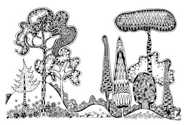 Dekoratif Bahçe, ağaçlar hazır. El çizimi mürekkep çizimi, detaylı çizim 