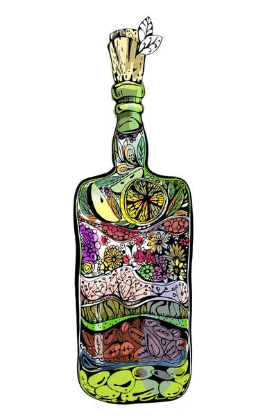 Dekorative Flasche Mit Früchten Spirituosen Frischem Getränk Gestaltungselement Für Menü — Stockfoto