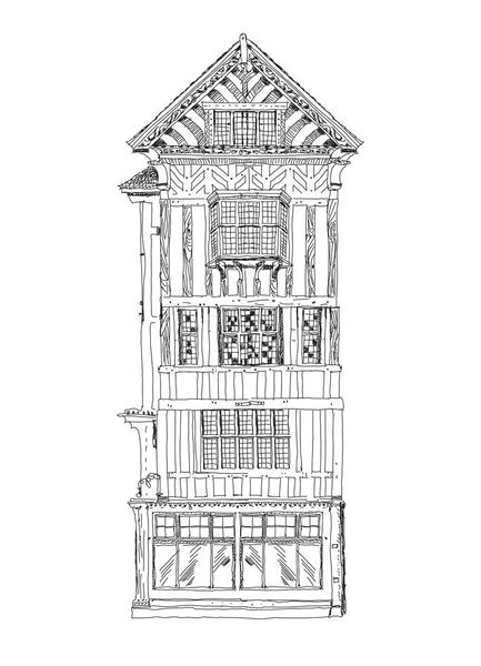 Szczegółowy Rysunek Domu Oparty Starym Angielskim Stylu Architektonicznym Kolekcja Szkiców — Zdjęcie stockowe