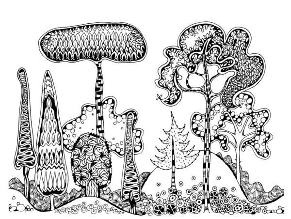 Decorative Garden Trees Set Hand Drawing Ink Illustration Detailed Sketch — Zdjęcie stockowe