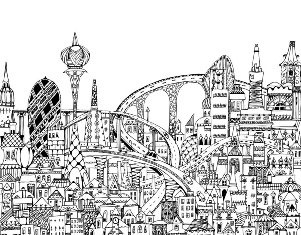 道路上の高層ビル 橋や車と大近代的な都市の手描きのイラスト スケッチ 詳細なインクの概念 — ストック写真