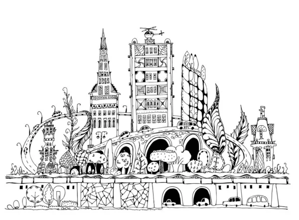 Illustration Dessin Main Grande Ville Moderne Avec Des Gratte Ciel — Photo