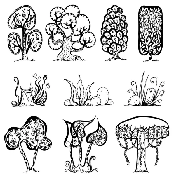 Decorative Trees Set Hand Drawing Ink Illustration Detailed Sketch — Stockfoto