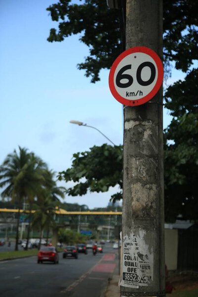 salvador, bahia, brazil - september 30, 2021: traffic sign on Salvador city street indicates speed limit sixty kilometers per hour.