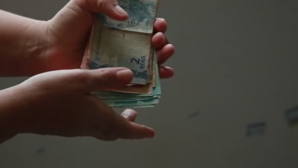 Salvador Bahia Braziliaans Oktober 2021 Handtellen Echte Bankbiljetten Braziliaanse Valuta — Stockvideo