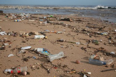 Salvador, Bahia, Brezilya - 30 Kasım 2021: Plastik şişe ve yığın çöp, Salvador şehrinin Rio Camurigipe ağzı yakınlarındaki Costa Azul sahilinde görüldü..