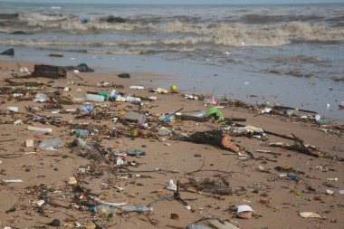 Salvador, Bahia, Brezilya - 30 Kasım 2021: Plastik şişe ve yığın çöp, Salvador şehrinin Rio Camurigipe ağzı yakınlarındaki Costa Azul sahilinde görüldü..