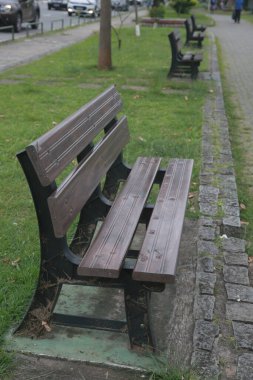 Salvador, Bahia, Brezilya - 2 Aralık 2021: Taklit ahşap plastikten yapılmış bank Salvador kentindeki bir halk parkında görüldü..