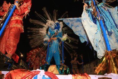 Caravelas, Bahia, Brezilya - 22 Şubat 2009: Caravelas şehrinin karnavalı sırasında Irmaos Portela Samba Okulunun geçit töreni.