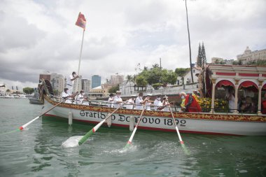 salvador, bahia, brazil - january 1, 2022: image of Bom Jesus dos Navegantes seen aboard the Galoata People's Gratitude in the waters of the Baia de Todos os Santos during a maritime procession.
