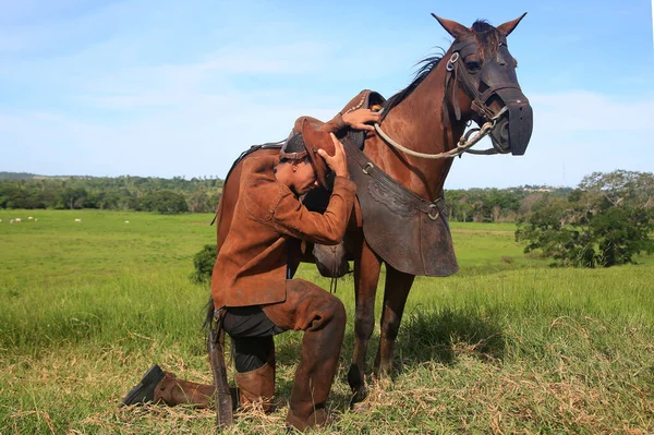 Conde Bahia Brasil January 2022 Cowboy Wearing Traditional Leather Clothes — Stok fotoğraf