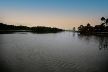 Lauro de Freitas, Bahia, Brezilya - 20 Kasım 2017: Lauro de Freitas bölgesindeki Joanes nehri manzarası. Nehrin suyuna Salvador 'un metropoliten bölgesinden yerel kanalizasyon ulaşır..