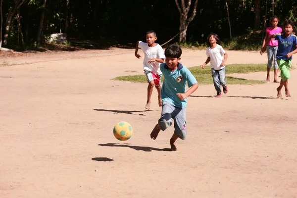 Porto seguro, bahia, brezil- Haziran 18, 2010: Pataxos Indians Porto Seguro, Aldeia Jaqueira 'daki bir Hint okulunda görüldü..