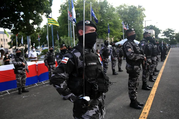 Salvador Bahia Brasil Febrero 2022 Miembros Batalla Antidisturbios Policía Militar —  Fotos de Stock