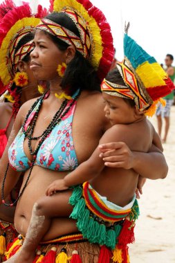 santa cruz cabralia, bahia, brazil - april 19, 2009: Indigenous people of Pataxo ethnicity during indigenous games in Coroa Vermelha village. clipart