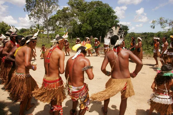 ブラジル バイーア州ポルト セグロ2010年12月20日 ブラジル ポルト セグロの伝統舞踊 アルディア インビリバ にパタクソス族のインディアンが登場 — ストック写真