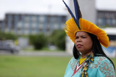 salvador, bahia, brazil - may 29, 2017: Indians from various indigenous tribes of Bahia make camp at the Legislative Assembly, In the Administrative Center, in Salvador. clipart