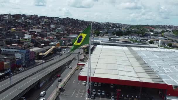 Salvador Bahia Brazil March 2022 Flag Brazil Mast Supermarket Housing — Stock Video