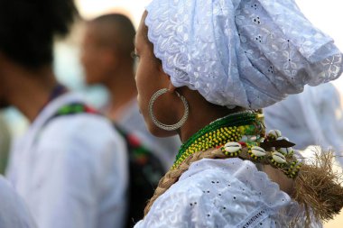 Salvador, Bahia, Brezilya - 21 Mayıs 2014: Candomble taraftarları Salvador kentindeki Pelourinho 'da dini hoşgörüsüzlüğü protesto ettiler