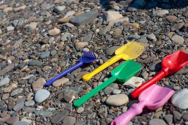 Kids Shovels Rakes Different Bright Colors Rocks — Stock Photo, Image
