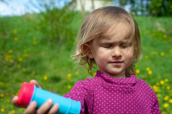 Portrait Little Girl Bottle Soap Bubbles — 스톡 사진