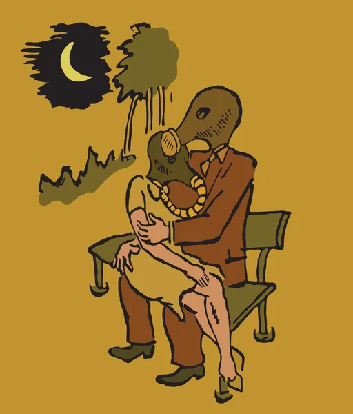 Mężczyzna i kobieta siedzi na ławce w maskach gazowych — Wektor stockowy