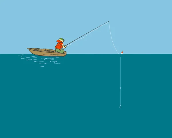 Pescador en el barco con caña de pescar — Vector de stock