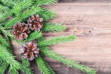 köknar ağacı dal eski ahşap masa üzerinde üç koniler ile