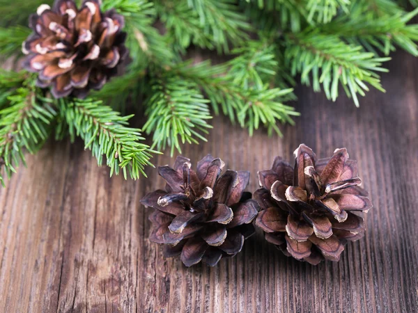 Fir tree twigs with three cones on old wooden table Stock Picture