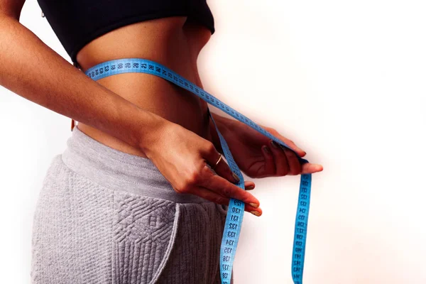 Measuring Waist, Lose Weight. Woman Whith Red Nails Stock Image - Image of  health, shape: 95956003