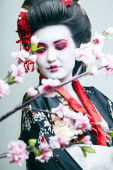 fiatal csinos gésa fekete kimono között sakura, ázsiai etno közelről fehér háttér