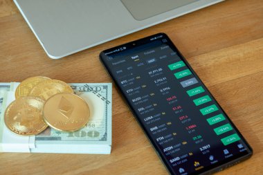 Bitcoin ve kripto döviz platformlu cep telefonu. Finansal yatırım için akıllı bir telefondaki takas pazarı.
