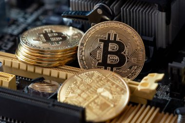 Bilgisayar panosundaki altın bitcoin 'ler. Ana kart arka planında şifreli para birimleri.