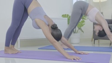 Asyalılar oturma odasındaki bir paspasın üzerinde yoga yaşam tarzı dersi alıyorlar. Spor kıyafetli genç kadınlar evde yoga eğitimi vermeyi öğretiyor..