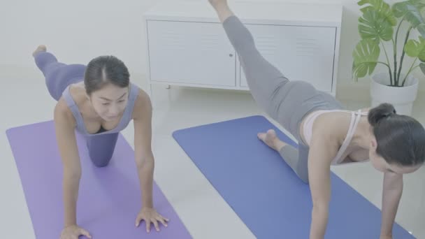 Asian People Practicing Yoga Lifestyle Class Mat Living Room Young — ストック動画