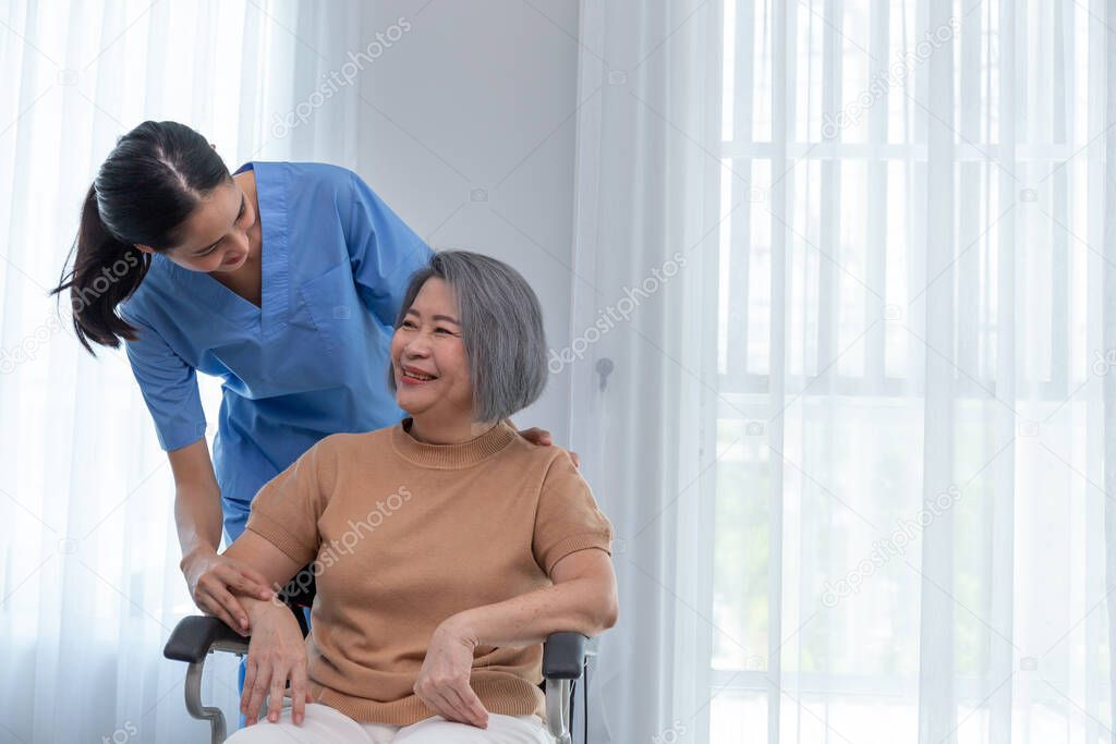 Young nurse taking care elderly disabled woman sitting in a wheelchair with copyspace. A female supporter assisting a senior patein while she is smilling.