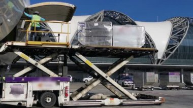 Air cargo logistic containers are loading to an cargo airplane at the airport. Workers in a air transport and logistic industry on the platform machine load the shipment to the freighter jet aircraft.