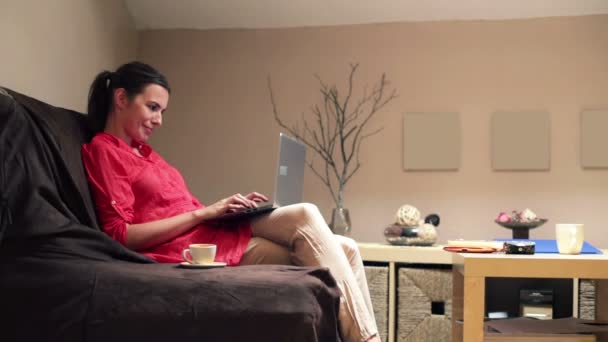 Woman with laptop on sofa — Stock Video